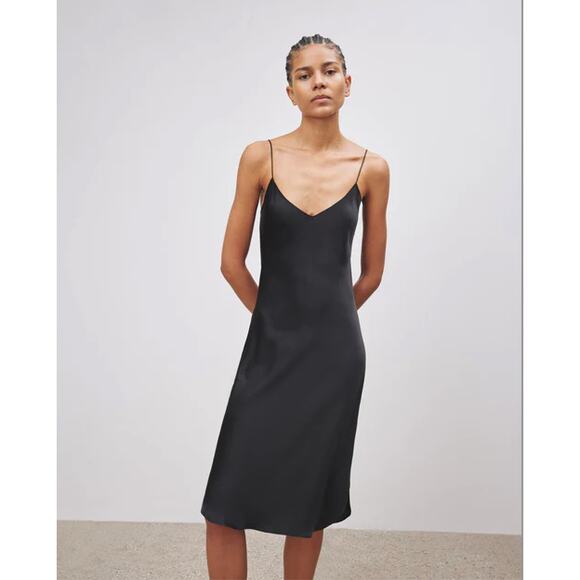 Women's Nili Lotan 100% Silk Cami Slip Midi Dress size L in Black Quiet Luxury - Picture 1 of 7